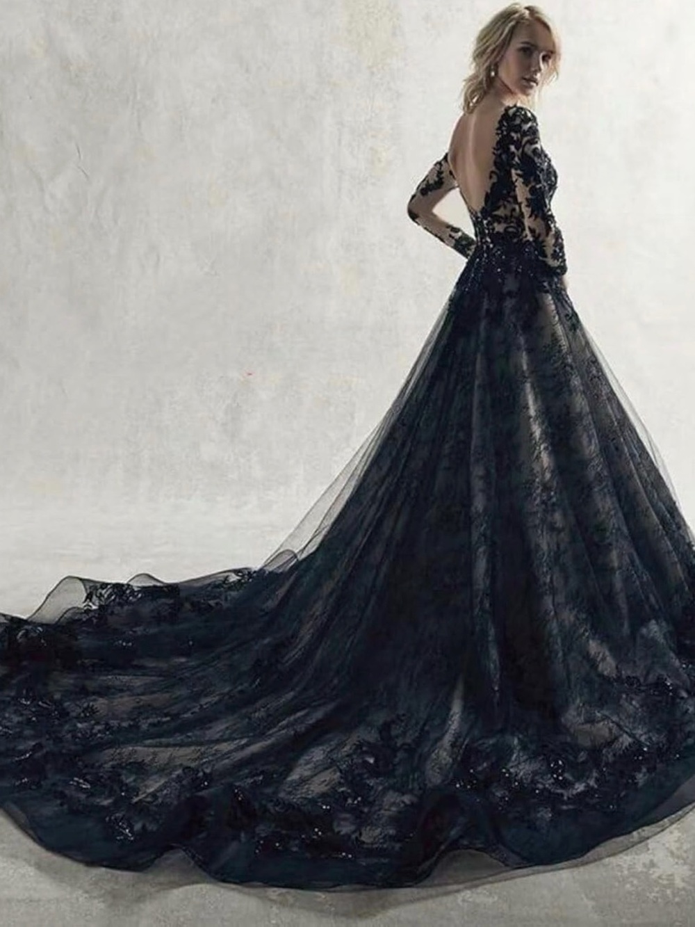 Black Lace Bridal Ball Gown with Long Train - Picture 3 of 5